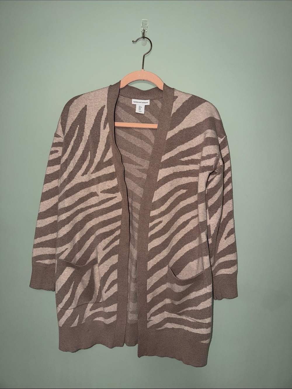 Cupcakes & Cashmere Zebra Print Cardigan Small Brown Tan